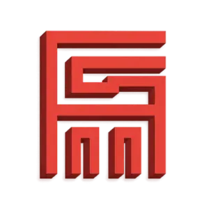 Rotes 3D-Logo von Müller Gerüstbau, Köln &amp; Bonn, in geometrischem Design.