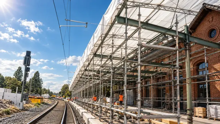Einhausung mit Wetterschutzdach entlang eines Bahnsteigs bei laufendem Bahnbetrieb
