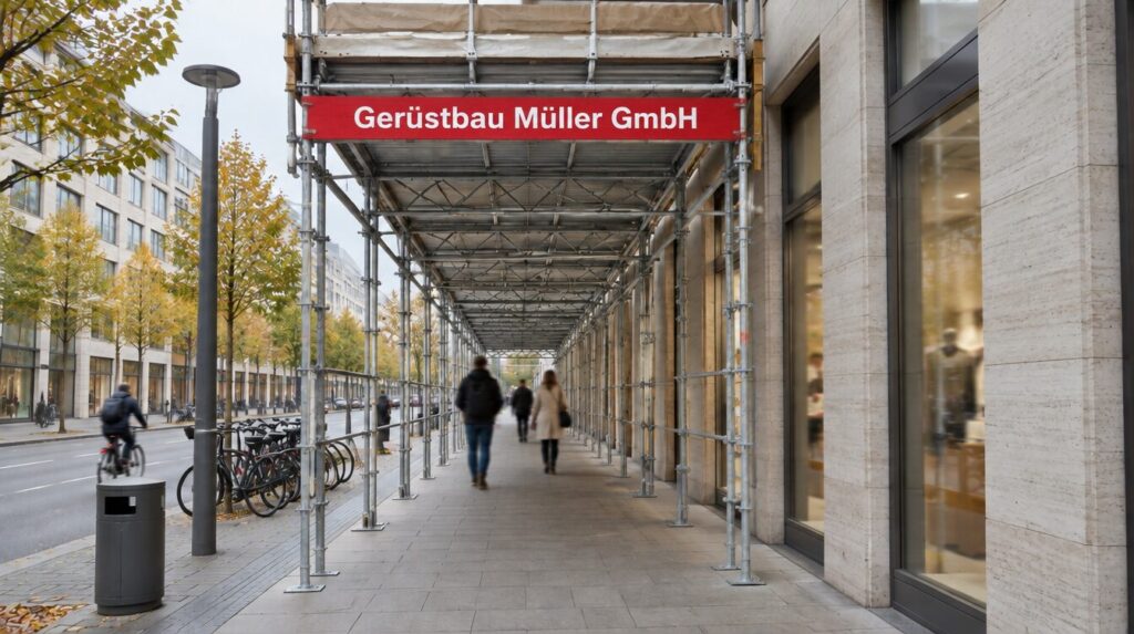 Illustration: Blick durch einen Fussgaengertunnel aus Geruestbauteilen entlang der Travertinfassade am AUREUM in Bonn