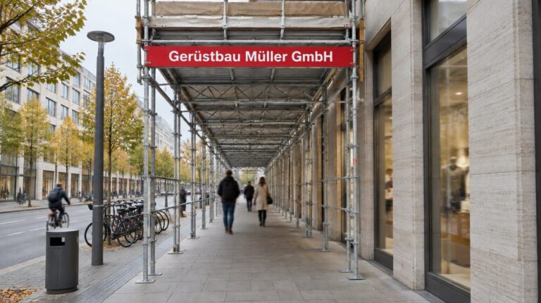 Illustration: Blick durch einen Fussgaengertunnel aus Geruestbauteilen entlang der Travertinfassade am AUREUM in Bonn